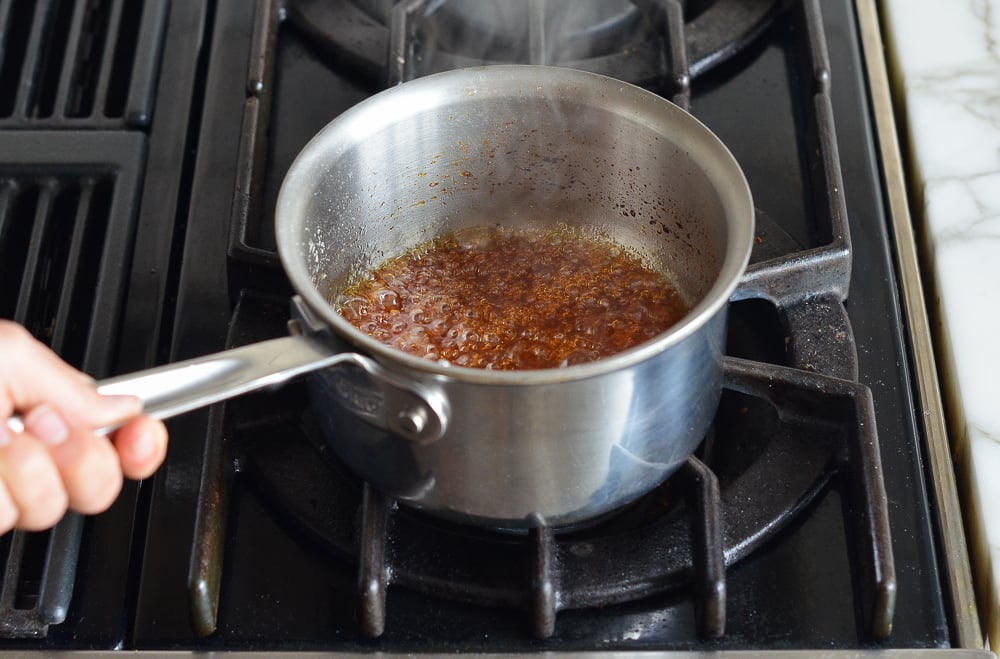 bubbling caramel after adding water