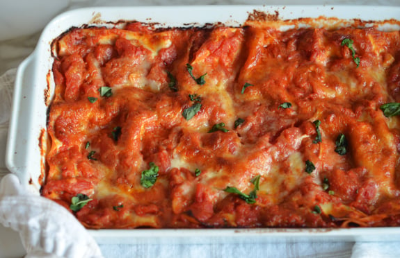 Baking dish of lasagna.