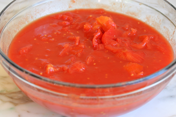 Bowl of crushed tomatoes.