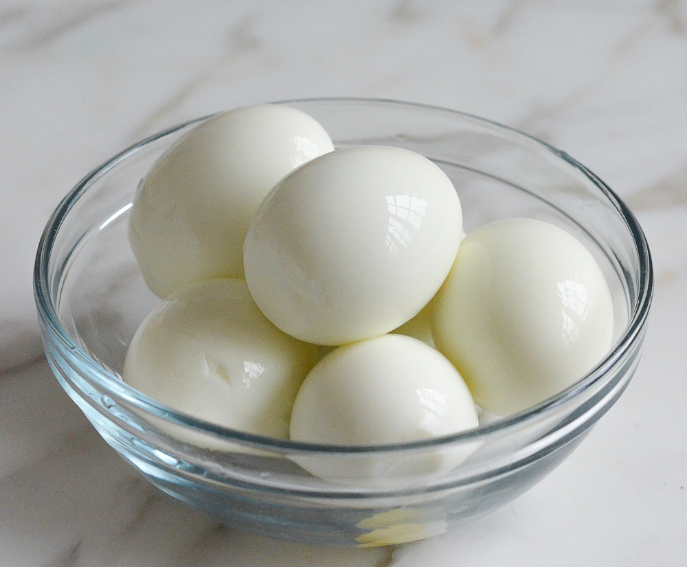 Bowl of hard-boiled eggs.