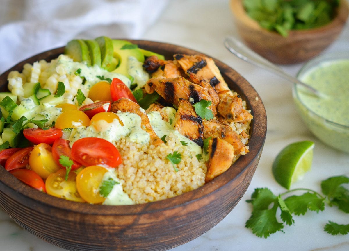 Chicken & Quinoa Burrito Bowls with Spicy Green Sauce - Once Upon a Chef