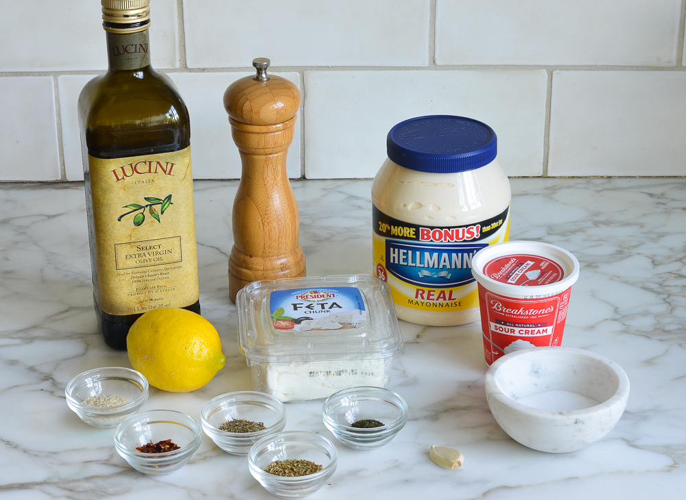 Dip ingredients including lemon, sour cream, and mayonnaise.
