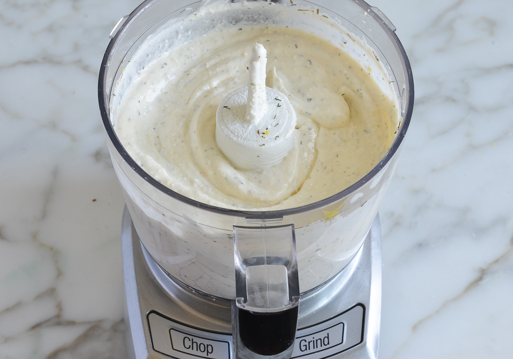 Creamy feta dip in a food processor.