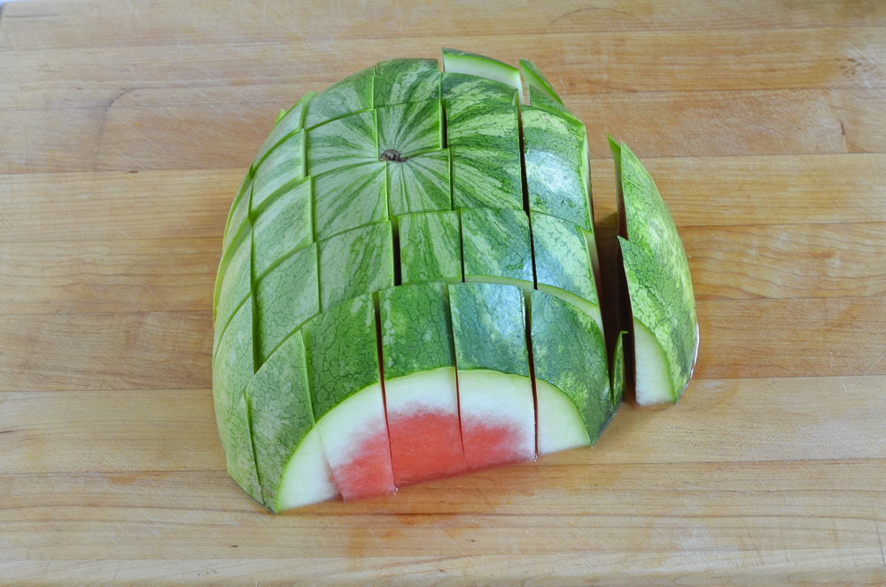 Watermelon cut in a criss-cross pattern.