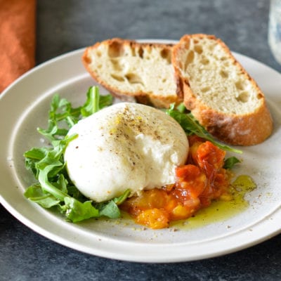 burrata with tomato peach jam