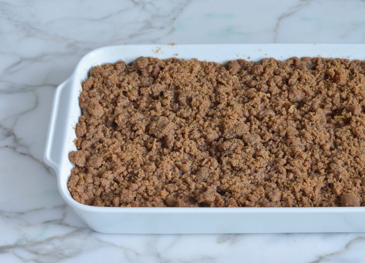 Noodle kugel in a baking dish.