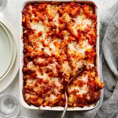 baked ziti in baking dish.