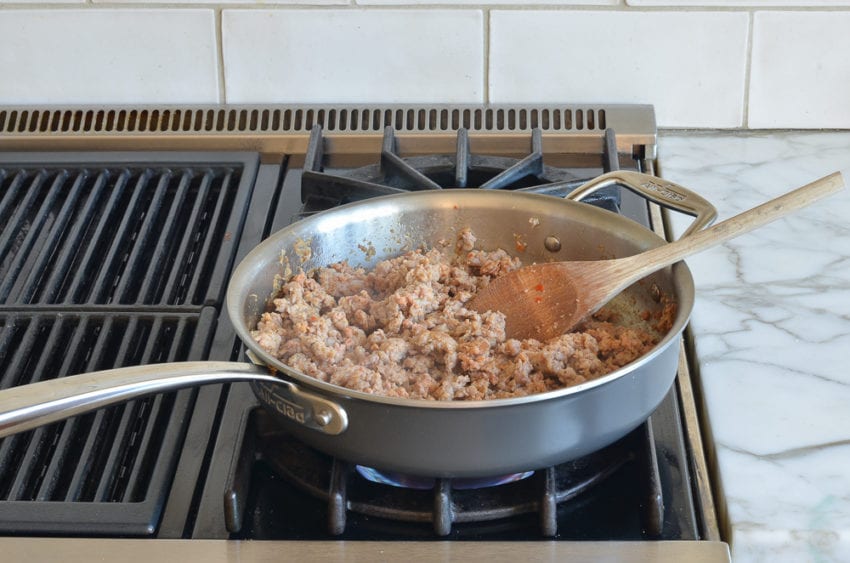 browned sausage in skillet.
