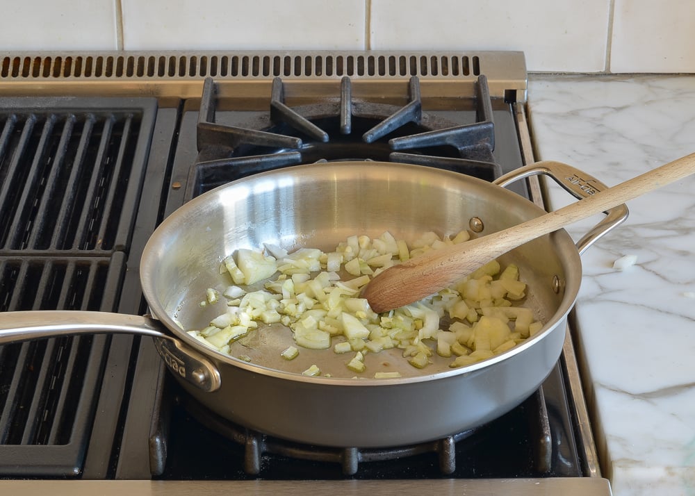 Onion and garlic in a skillet.