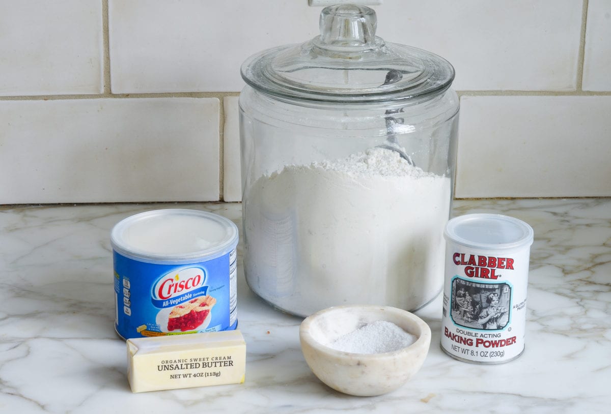 Pie crust ingredients including Crisco, baking powder, and butter.