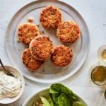 Salmon cakes on a plate.