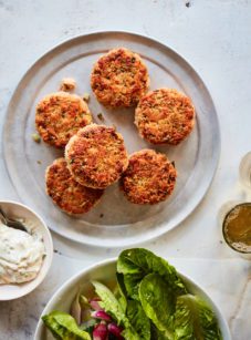 Salmon cakes on a plate.
