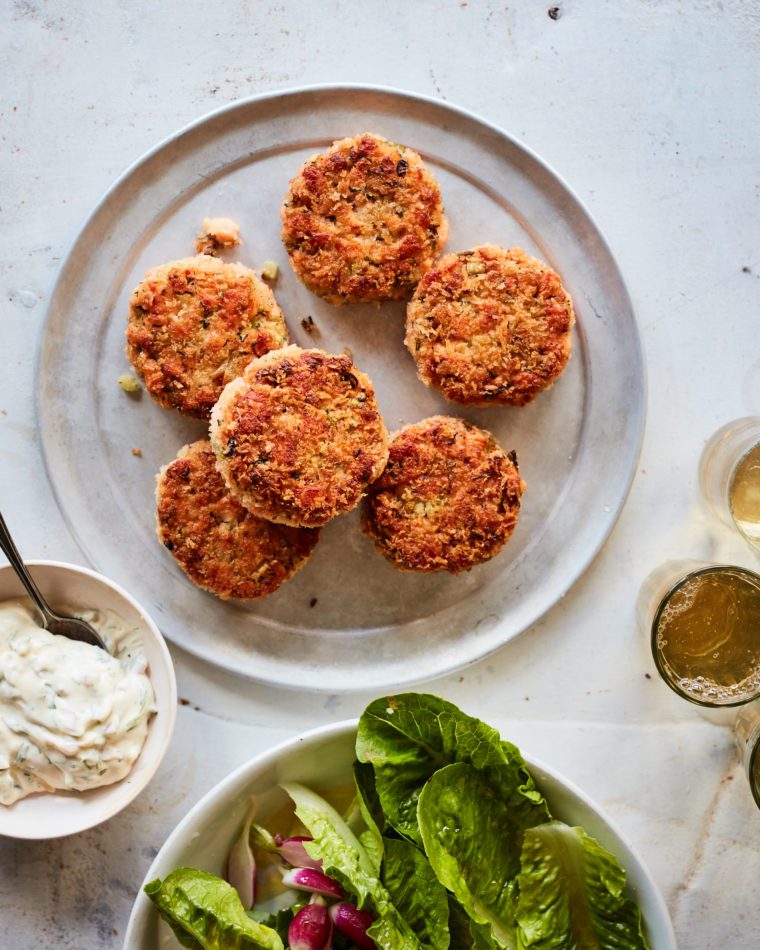 Salmon cakes on a plate.