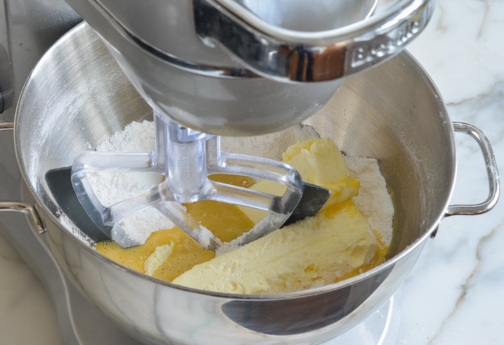 Butter, egg mixture, and dry ingredients in a stand mixer.