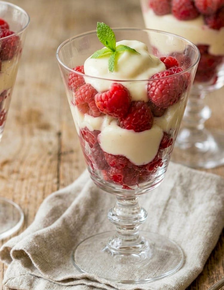 Raspberry and cream parfaits on wooden table
