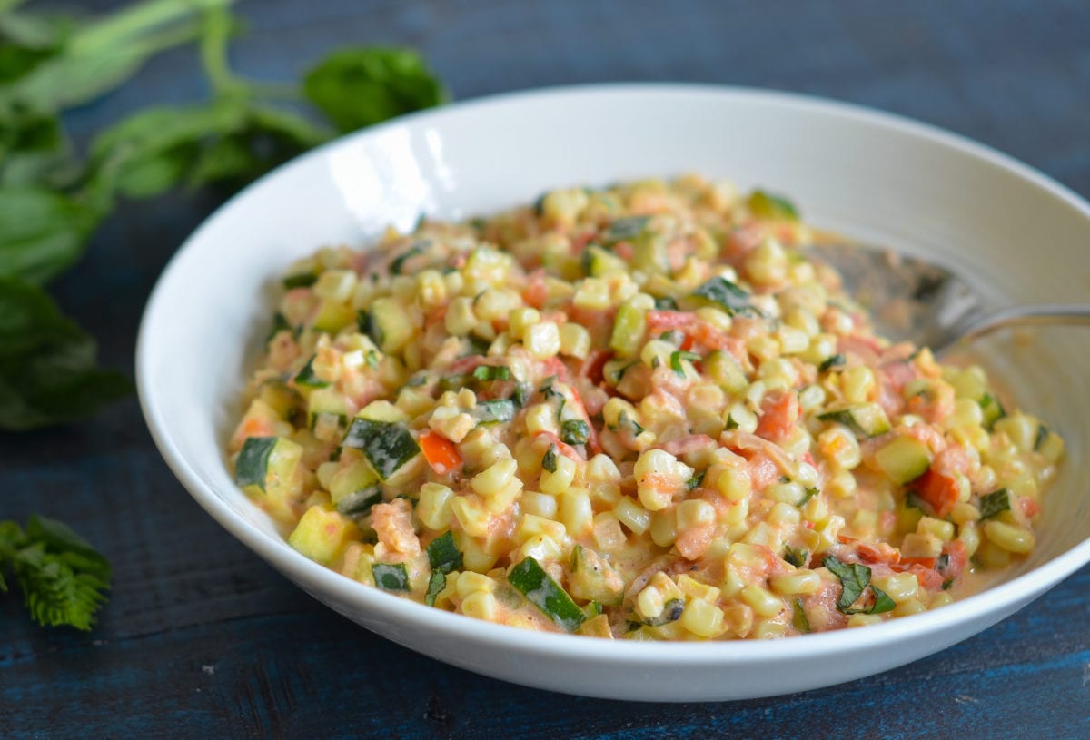 creamy corn, zucchini and tomatoes