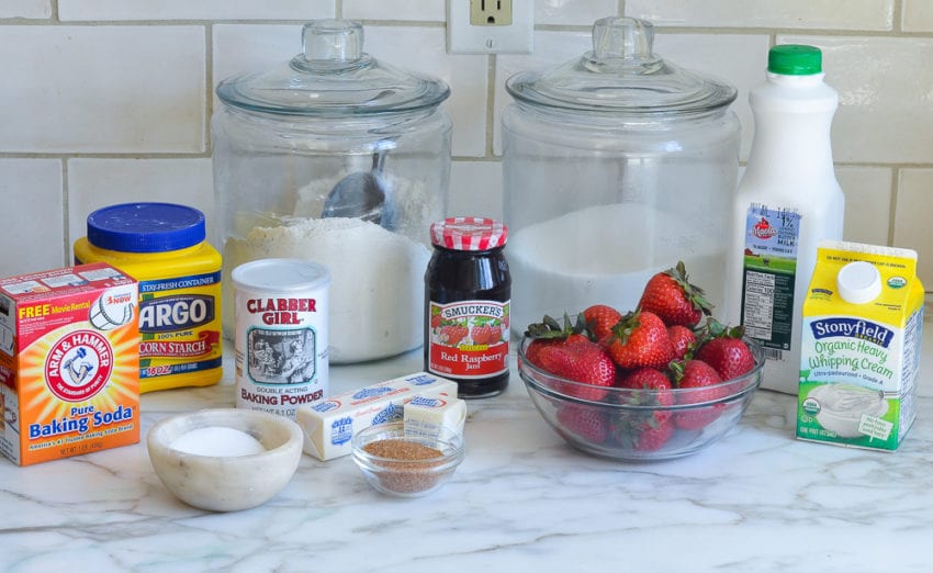 Strawberry shortcake ingredients including baking powder, baking soda, and cornstarch.