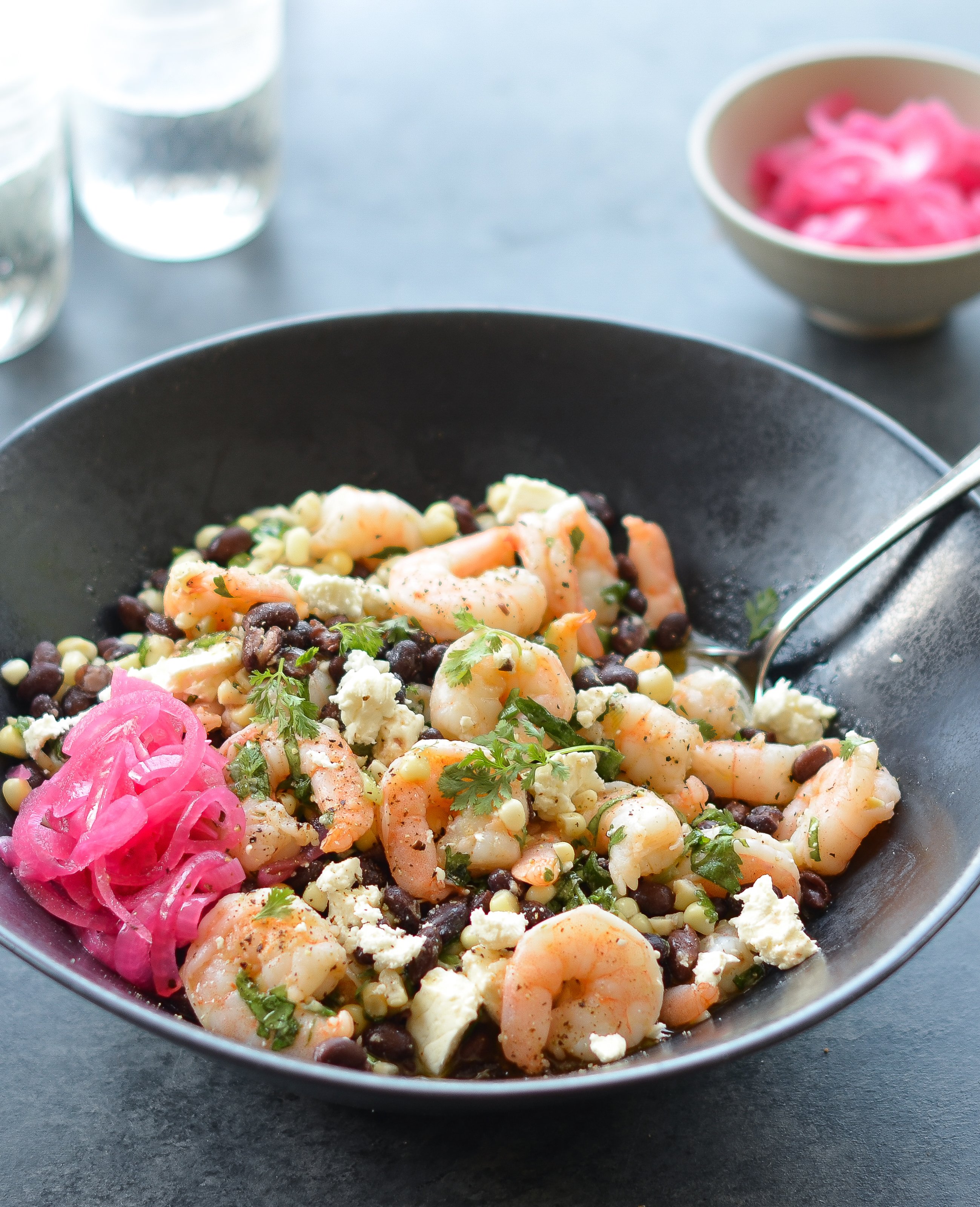 BLACK BEAN SHRIMP SALAD WITH CORN PICKLED ONIONS ONCE UPON A CHEF