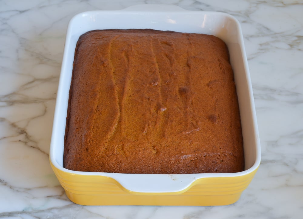 Pumpkin cake in a baking dish.