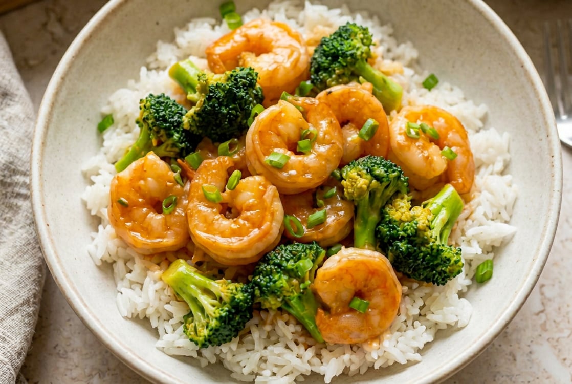 lightened-up sweet and sour shrimp over rice