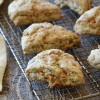 Butterscotch pecan scones on a wire rack.
