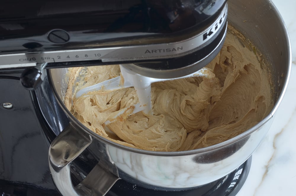 Batter in a stand mixer.