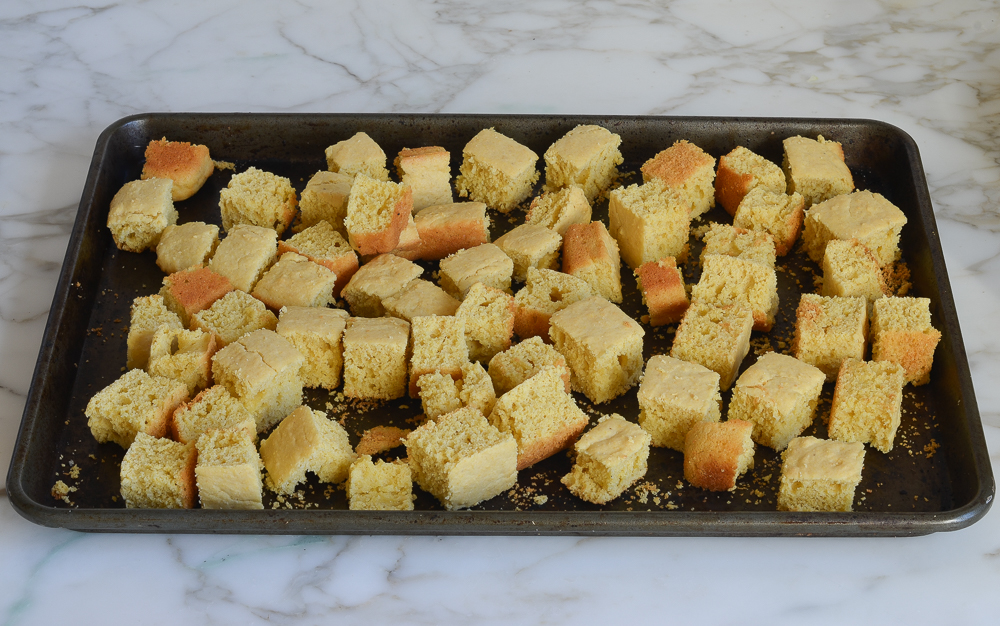 toasted cornbread cubed cooling