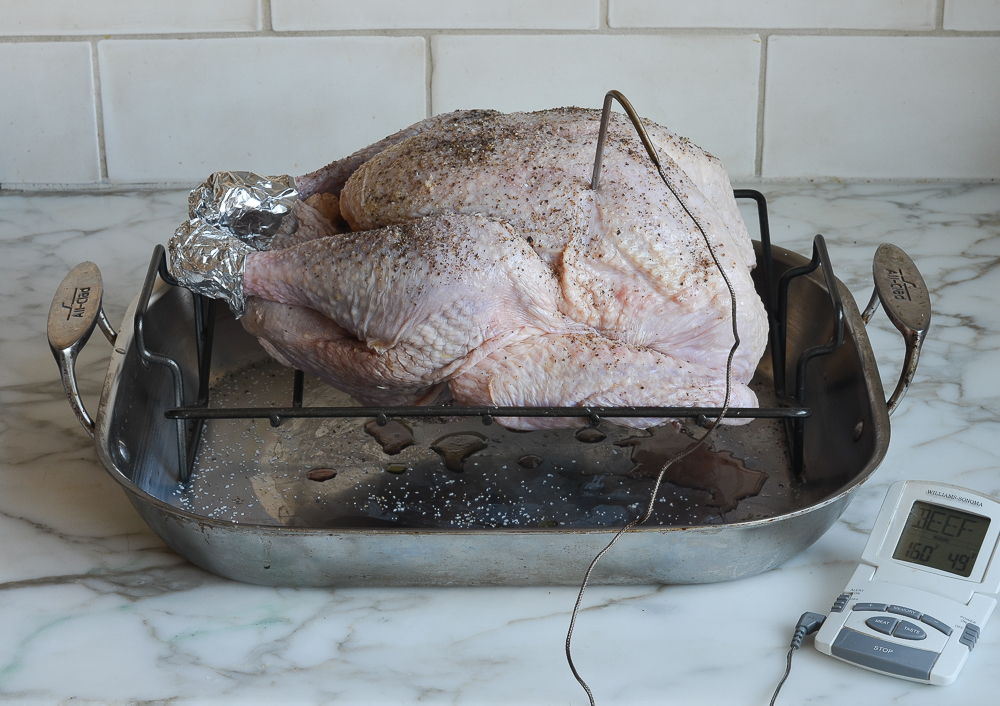 Seasoned turkey with aluminum foil on the bottom of the legs and a digital leave-in thermometer inserted.