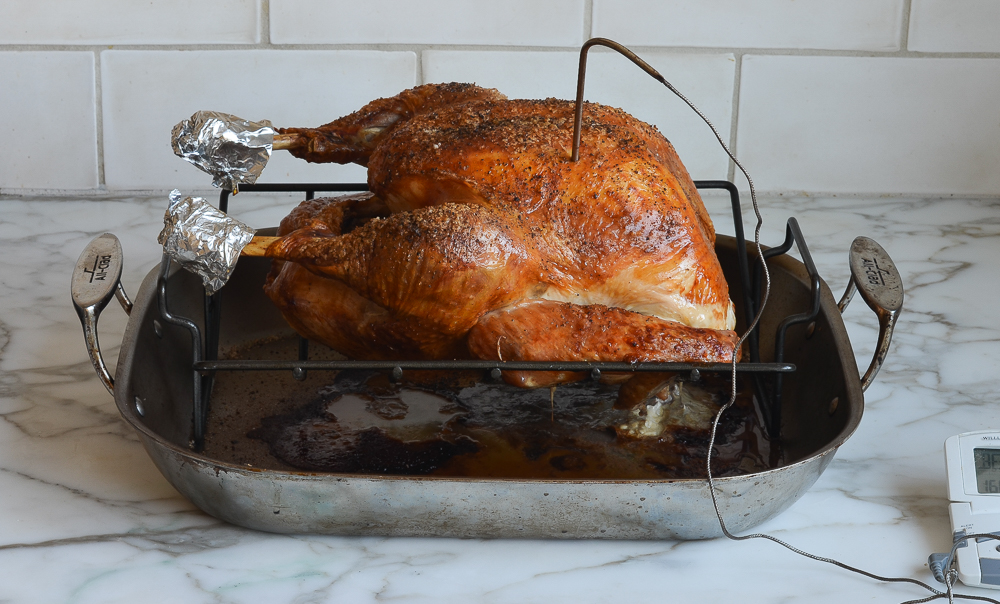 Roasted turkey in a roasting pan.