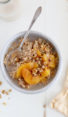 Spoon in a bowl of peaches and cream steel-cut oatmeal.