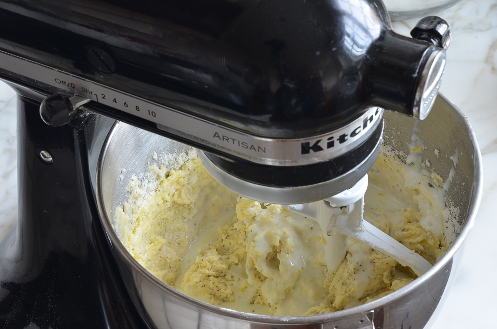 Buttermilk mixture added to a butter mixture.