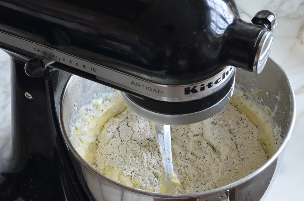 Flour mixture in a stand mixer.