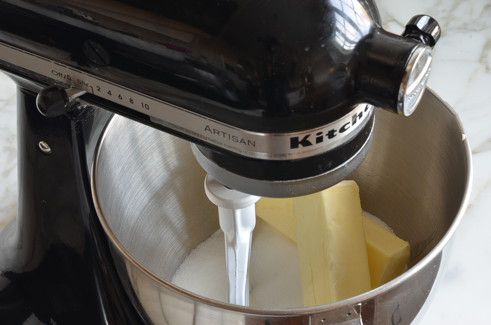 Butter and sugar in a stand mixer.