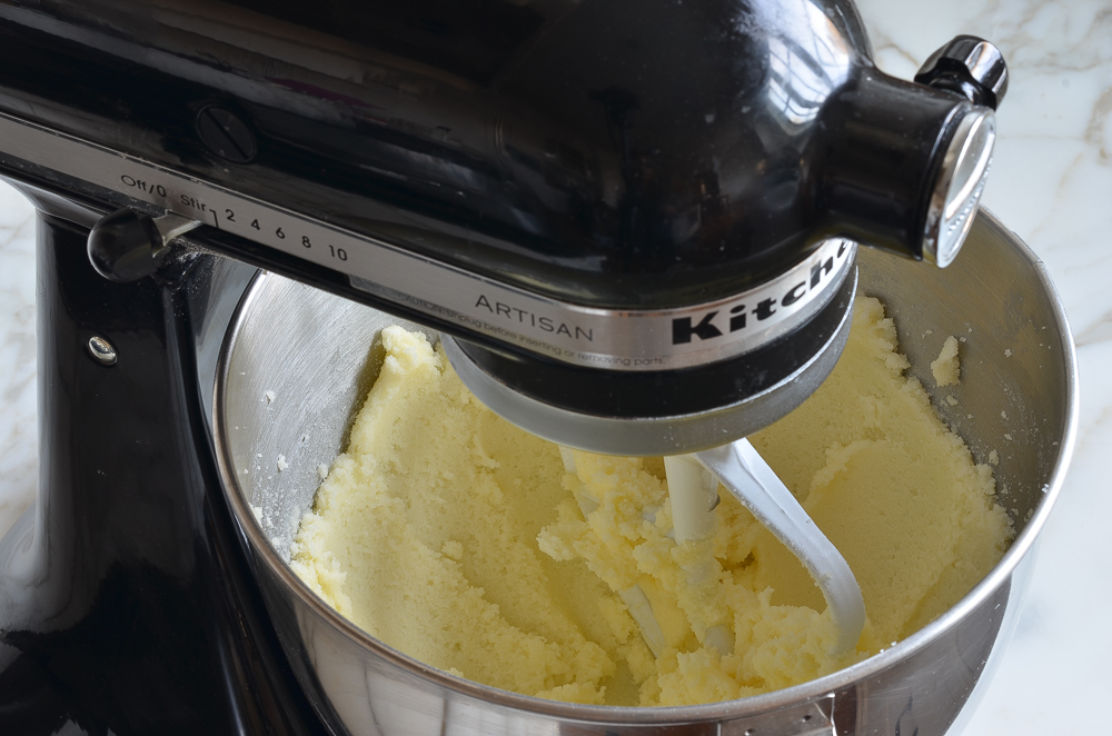 Butter and sugar mixture in a stand mixer.