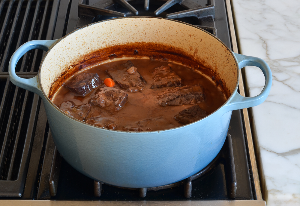 braised short ribs in Dutch oven.