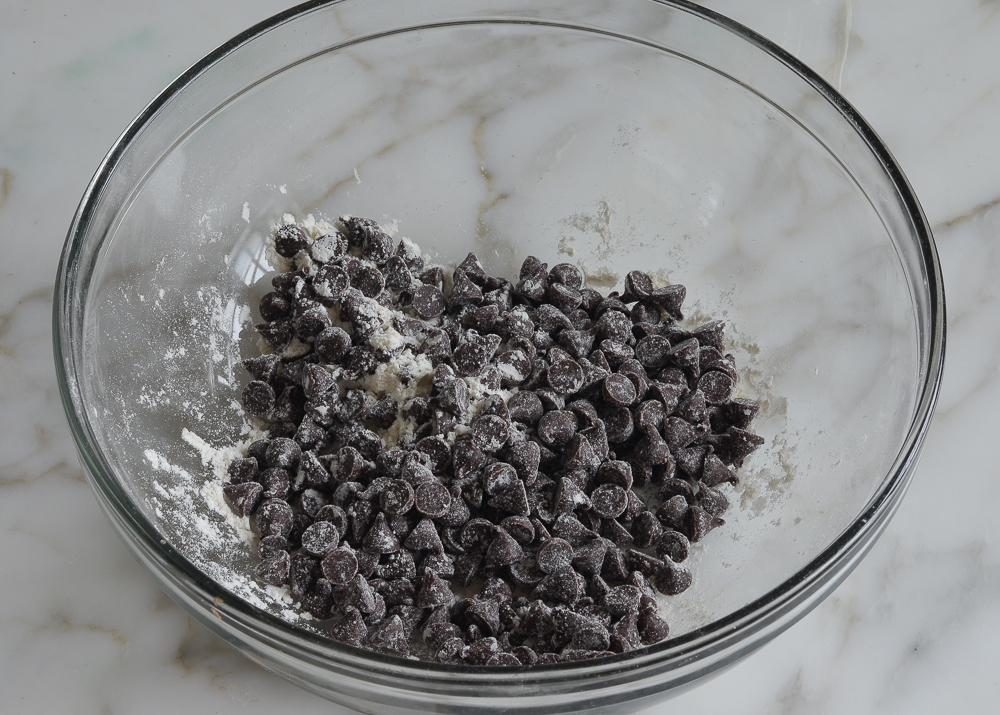 Chocolate chips tossed in flour.