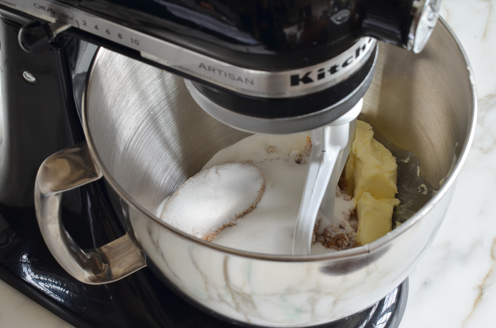 Butter and sugars in a stand mixer.