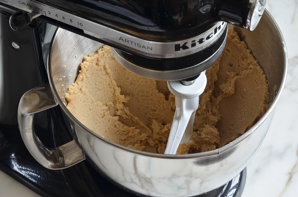Stand mixer of creamed butter and sugar.