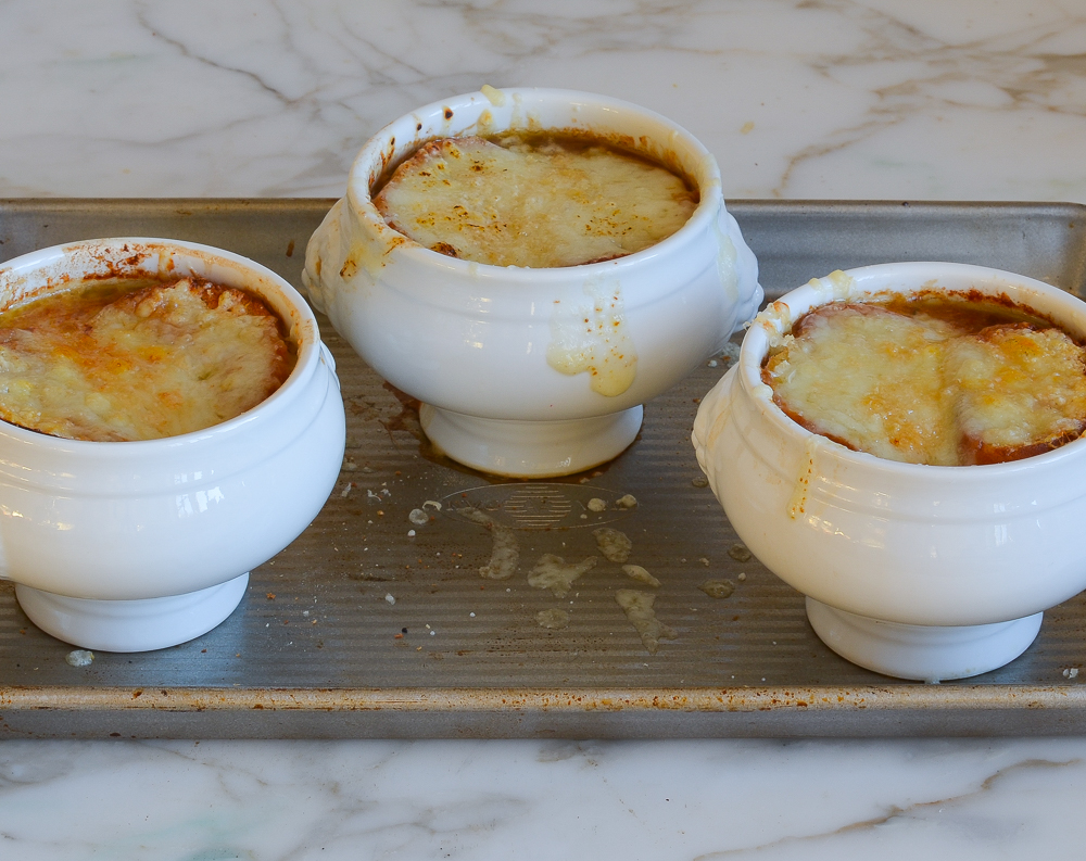 french onion soup crocks out of the oven