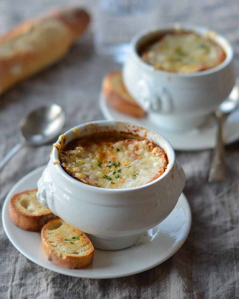 french onion soup in serving bowls
