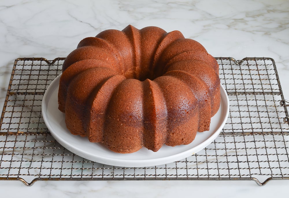 Kentucky butter cake inverted on platter