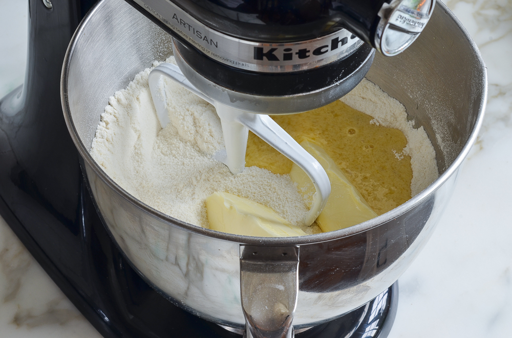adding butter and buttermilk mixture to dry ingredients