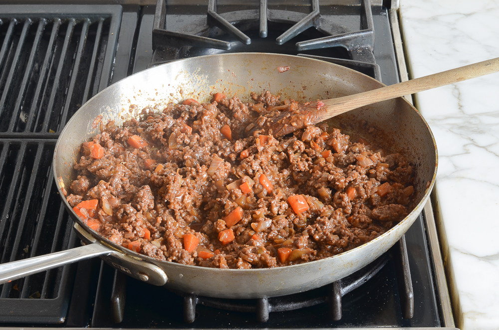 cooking the beef and vegetables for shepherd's pie
