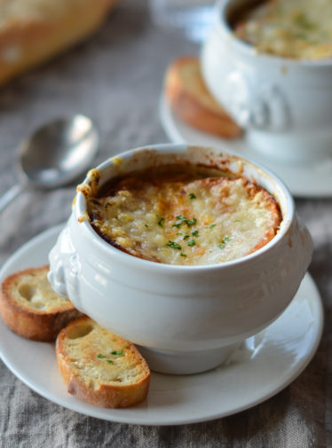 Small crock of French onion soup.