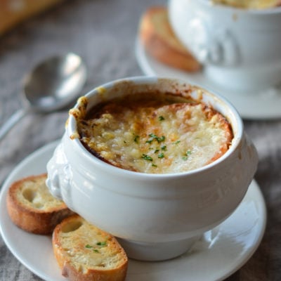 Small crock of French onion soup.