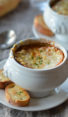 Small crock of French onion soup.