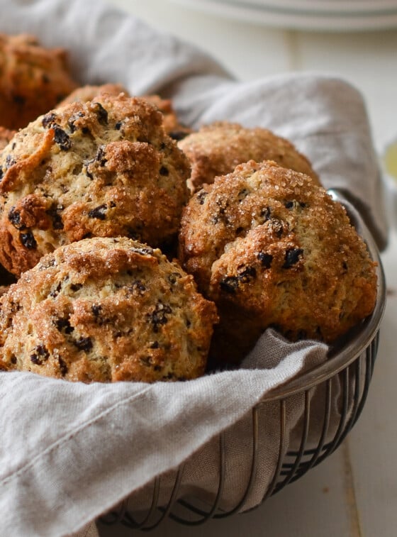 Basket of Irish soda bread muffins.