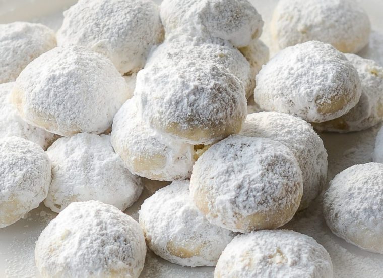 Pile of coconut-lime Mexican wedding cookies.