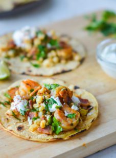 Shrimp Tacos with Corn, Bacon and Lime Crema