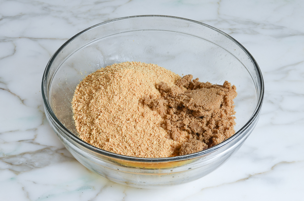brown sugar, graham cracker crumbs and butter in mixing bowl